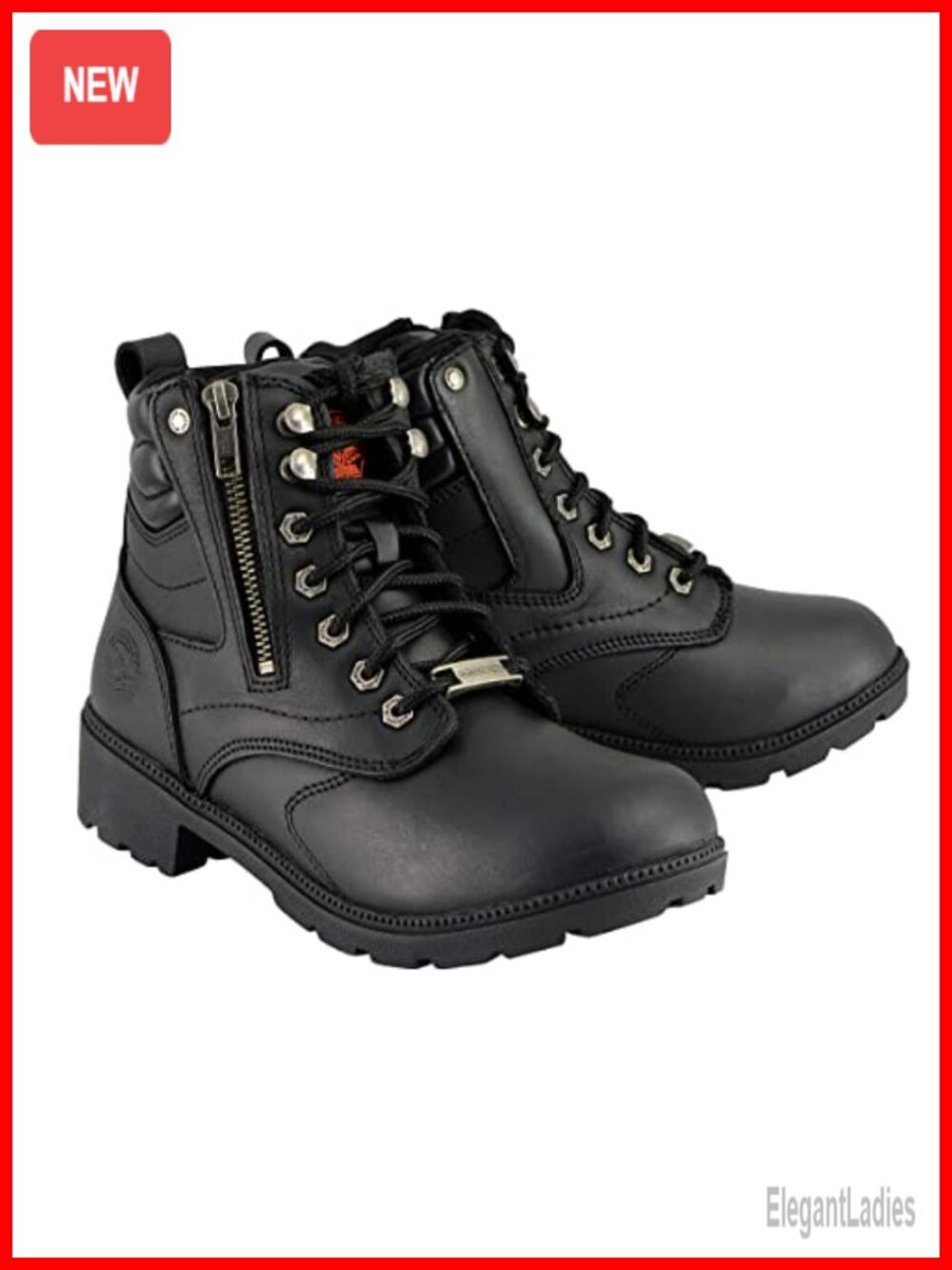 Wide Width Leather Lace-Up Motorcycle Boots Mid-Calf